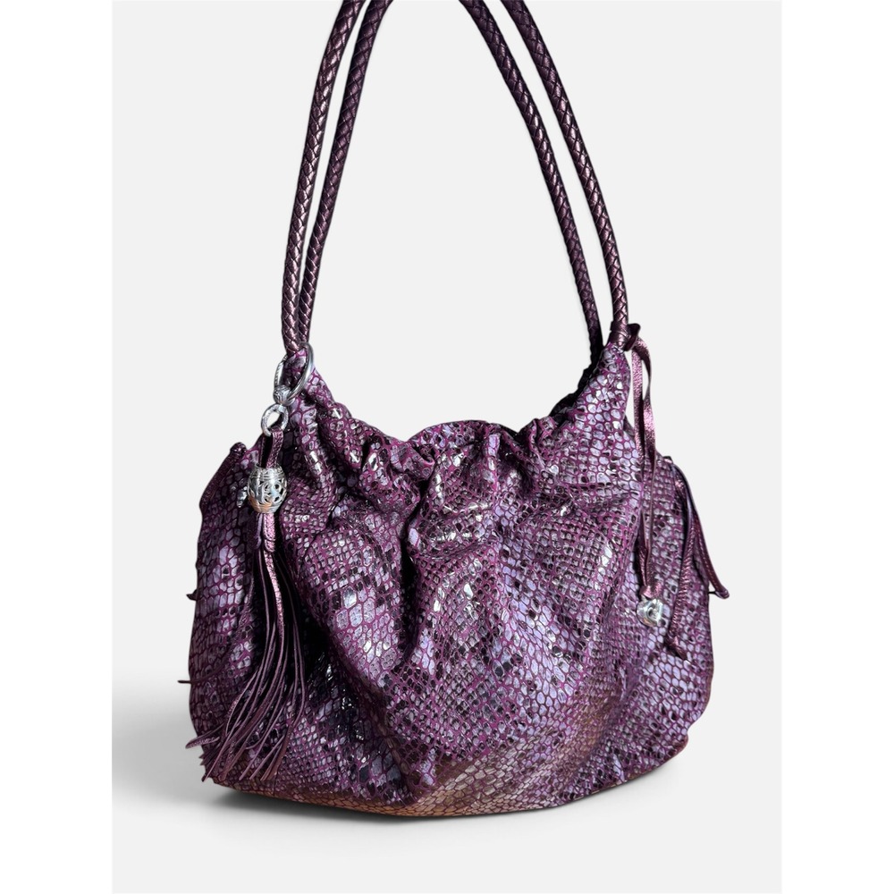 Brighton Nolita Metallic Purple Python Snakeskin Slouchy Leather Hobo Bag Tassel